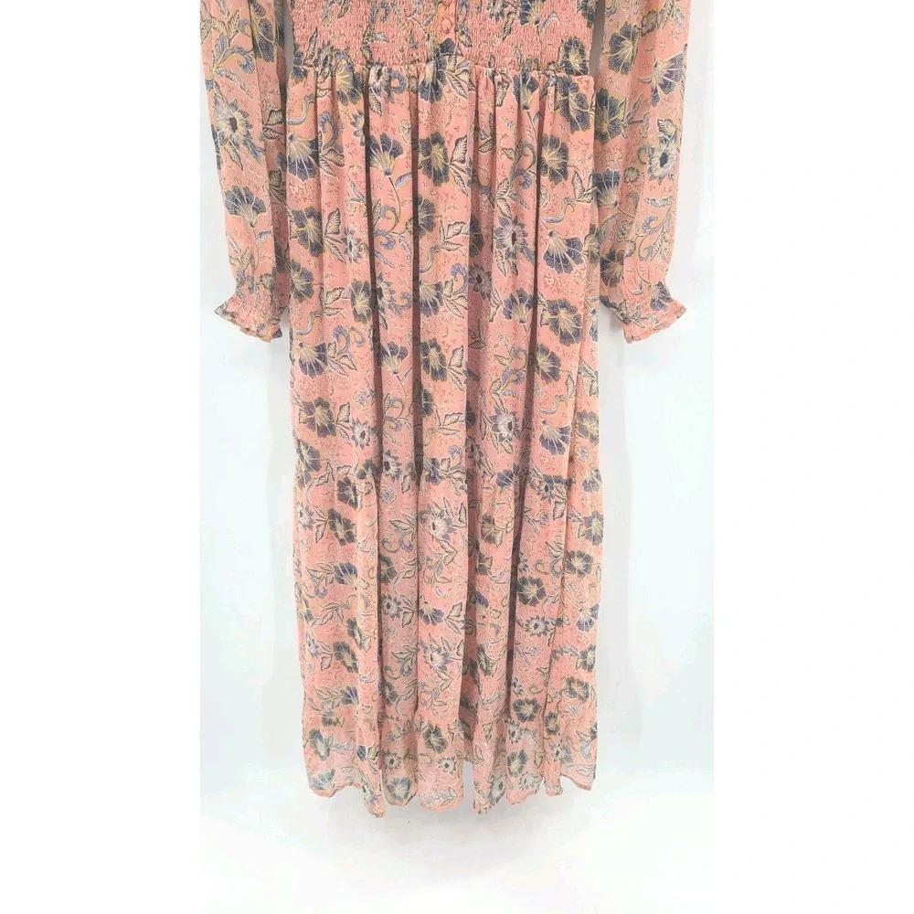Fairy Cottagecore Tiered Babydoll Maxi‎ Dress Small Pink Floral Smocked Ruffles
